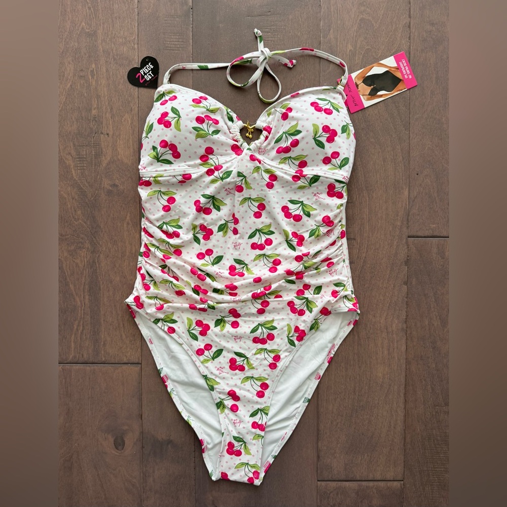 NWT Betsey Johnson 1 pc Bandeau & Side Ruching Swimsuit w/Skirt-Cherry Dot Print